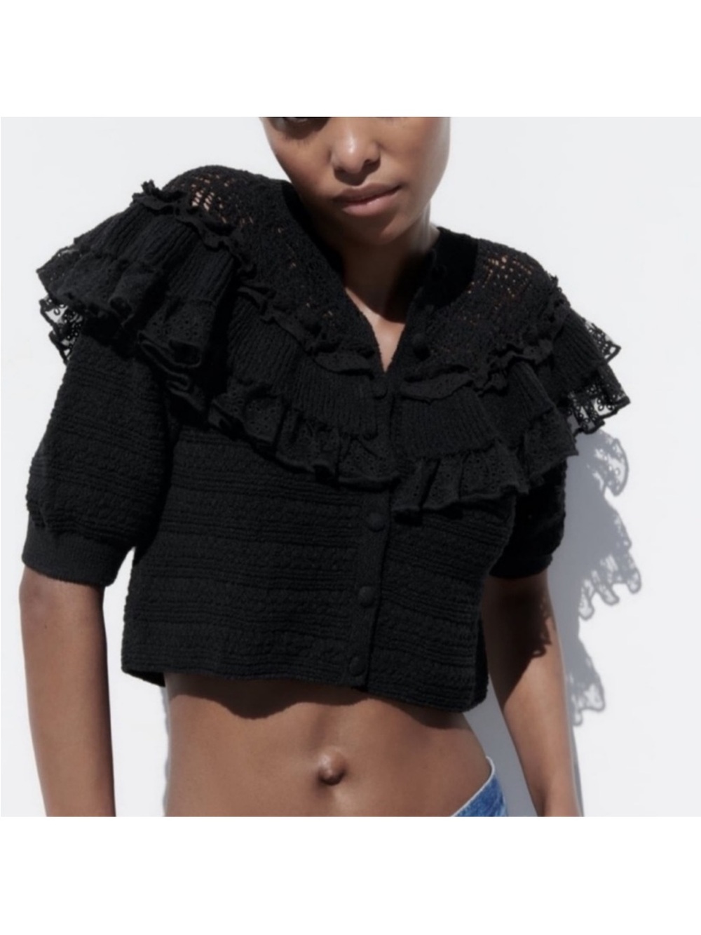Zara Black Ruffled Knit Cropped Cardigan